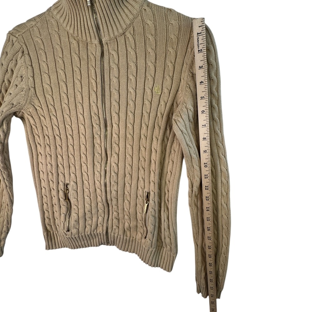 Ralph Lauren Womens Sz S Tan Cable Knit Cotton Full Zip Sweater‎ Preppy Classic - Picture 7 of 9